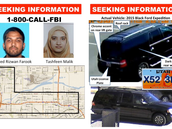 Displays shared by the FBI at a press conference on the San Bernardino shootings on Tuesday, Jan. 5, 2016.