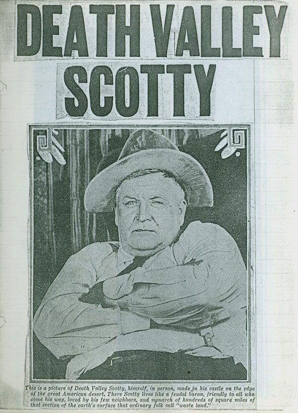 A man in a cowboy hat with his arms crossed in a photograph. Above the photo are the words, "Death Valley Scotty".