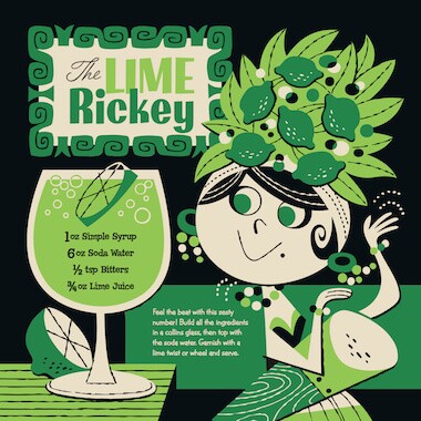 A recipe for a kiddie Lime Rickey in "Kiddie Cocktails," by Stuart Sandler and illustrated by Derek Yaniger.