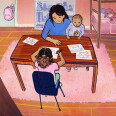 An illustration of a woman with medium-light skin tone sits at a table holding a medium skin tone baby in a purple onesie. Across the table, a young girl with brown curly hair in a ponytail draws art on pieces of paper. In the background is a bunk bed with stuffed animals on the bottom bunk. 