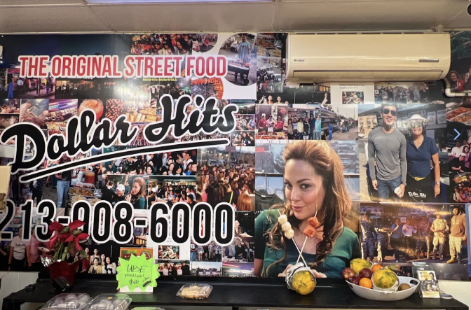 A collage of photos behind a bar has the words Original Street Food and Dollar Hits with a phone number.
