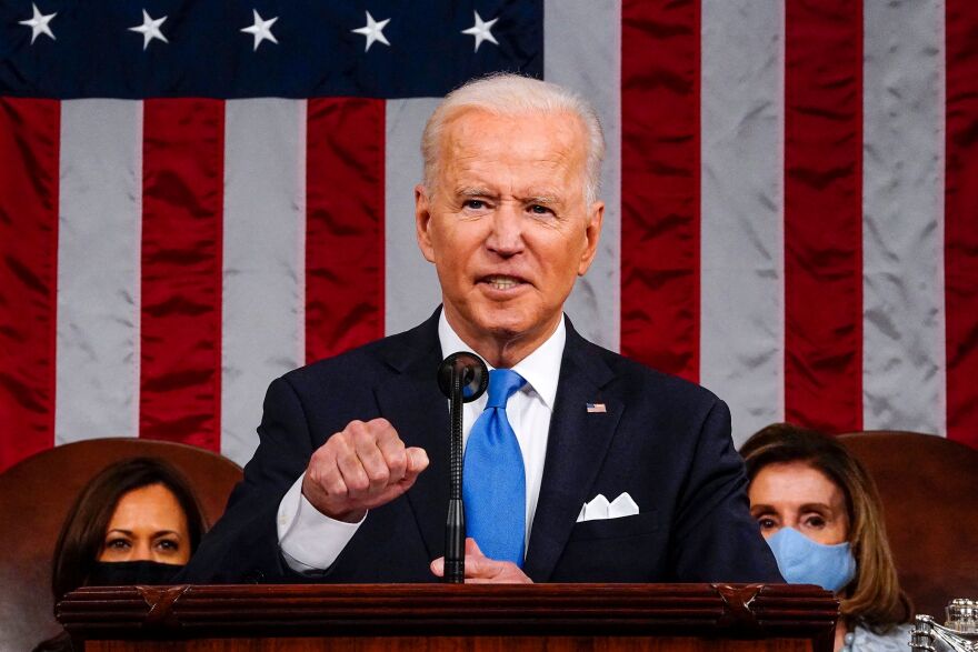 US President Joe Biden, flanked by US Vice President Kamala Harris (L) and Speaker of the House of Representatives Nancy Pelosi (R), addresses a joint session of Congress at the US Capitol in Washington, DC, on April 28, 2021. (Photo by Melina Mara / POOL / AFP) (Photo by MELINA MARA/POOL/AFP via Getty Images)