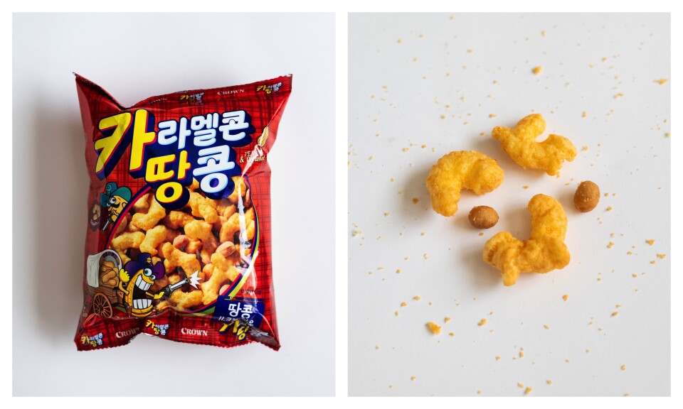 A split image: on the left is a red bag with Korean characters in yellow and white with cartoon peanuts wearing cowboy hats. On the right is puffed snack corn and coated peanuts surrounded by crumbs on a white background. 