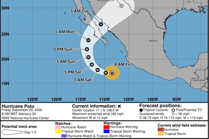 A map and graphic shows the projected path of a hurricane off the coast of Mexico.