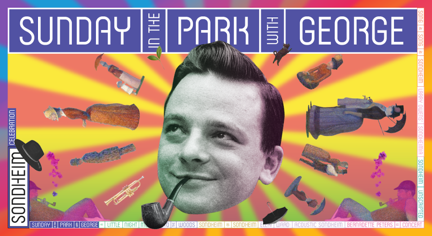 A graphic designed image for Sunday in the Park with George with Stephen Sondheim's head in the middle, smoking a pipe.