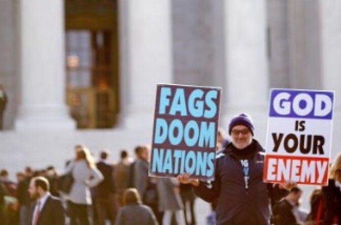 Fred Phelps, Jr., son of pastor Fred Phelps and a member of the Westboro Baptist Church, demonstrates outside the Supreme Court.