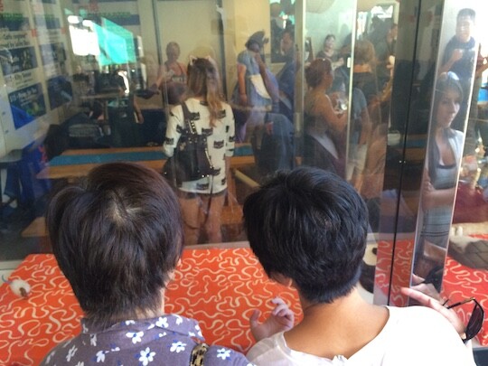 Onlookers peer inside LA's first cat cafe, hoping to get an early preview of the felines ready to play.