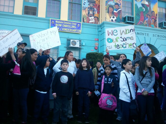 Miramonte Elementary students and parents protest outside their school.