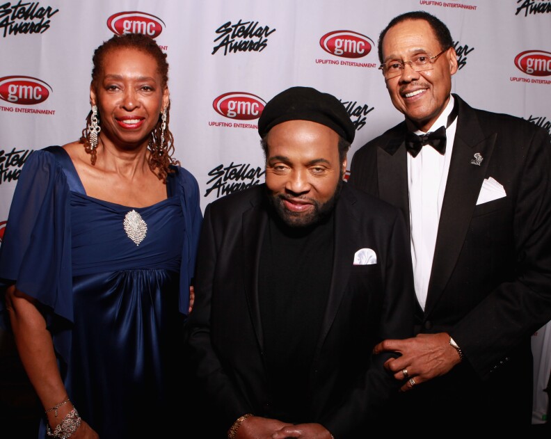 NASHVILLE, TN - JANUARY 19:  Sandra Crouch, Andrae Crouch, and Central City Productions President & CEO Don Jackson attend the 28th Annual Stellar Awards at Grand Ole Opry House on January 19, 2013 in Nashville, Tennessee.  (Photo by Royce DeGrie/Getty Images for GMC TV)