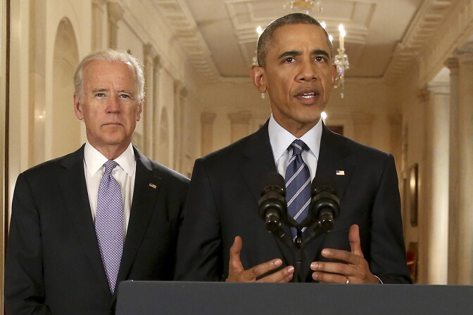 WASHINGTON, DC - JULY 14:  President Barack Obama, standing with Vice President Joe Biden, conducts a press conference  in the East Room of the White House in response to the Iran Nuclear Deal, on July 14, 2015 in Washington, DC. The landmark deal will limit Iran's nuclear program in exchange for relief from international sanctions. The agreement, which comes after almost two years of diplomacy, has also been praised by Iranian President Hassan Rouhani. (Photo by Andrew Harnik - Pool/Getty Images)
