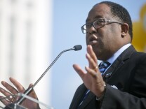 Los Angeles County Supervisor Mark Ridley-Thomas speaks during a press conference on Friday, Nov. 15, 2014 at Grand Park kicking off Covered California's second open enrollment period. The event was part of a statewide bus tour that stopped in more than 20 cities to raise awareness about enrollment.