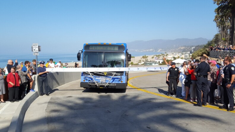 A Santa Monica Big Blue Bus broke the tape to celebrate the reopening of the California Incline on Sept. 1, 2016, after a 17-month project that rebuilt the road with seismic retrofits, a new bike lane and a wider pedestrian walkway.