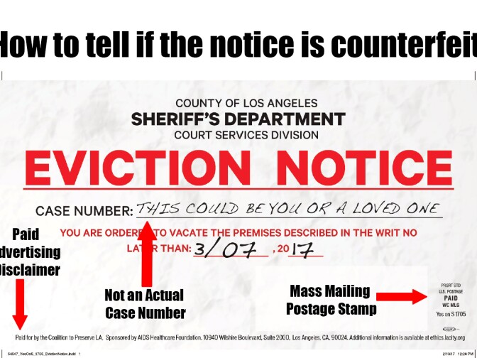 A photo released by the L.A. County Sheriff's Department showing a mailer put out by supporters of Measure S designed to look like an eviction notice, noting the indications that it's not a real eviction notice.