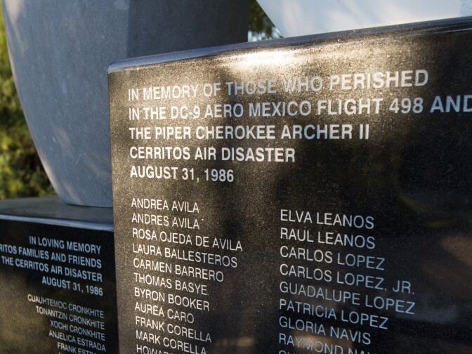 The memorial for those killed in the 1986 air disaster over Cerritos at the Cerritos Sculpture Garden on Jan. 28, 2018 in Cerritos.