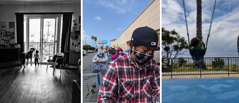 From left: A photo of Trina's daughter Hali'a looking outside, Hali'a on a swing set, and the family standing in line outside a store with shopping carts.