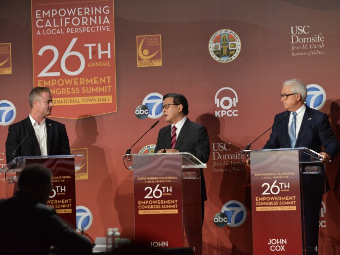 From left gubernatorial candidates Travis Allen, John Chiang and John Cox on stage at the 26th Annual Empowerment Congress Summit at |USC on Jan. 13, 2018.