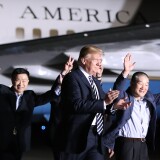 JOINT BASE ANDREWS, MD - MAY 10:  U.S. President Donald Trump walks with the three Americans just released from North Korea, Kim Dong Chul, Kim Hak-song and Tony Kim at Joint Base Andrews on May 9, 2018  in Maryland.  Secretary of State Mike Pompeo traveled to North Korea and returned with the three men who had been detained for up to two years. The three U.S. citizens have been released as a goodwill gesture ahead of a planned summit between Trump and Kim Jong Un.(Photo by Mark Wilson/Getty Images)