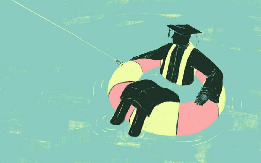 Illustration of a silhouetted figure wearing a black cap and gown with a yellow sash, sitting in a pink and yellow life preserver ring floating in blue-green water.