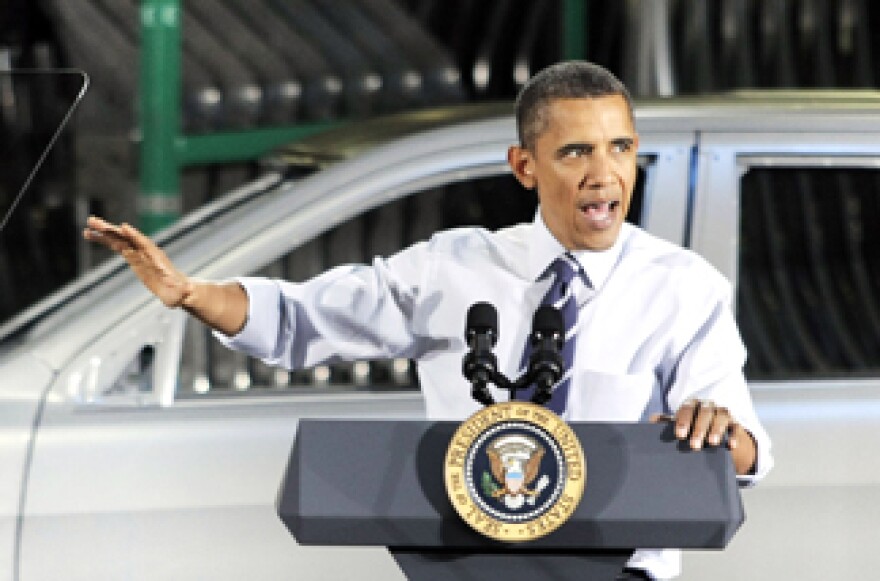 U.S. President Barack Obama delivers a speech at the Chrysler Jefferson North Assembly Plant July 30, 2010 in Detroit, Michigan.