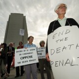 Anti-death penalty campaigners stage a demonstration and march outside the Federal Bulding in Los Angeles on September 28, 2010.  Anti-death penalty campaigners slammed California's bid to resume executions this week after a five-year hiatus, as a killer's fate remained uncertain amid a shortage of a key drug. Albert Greenwood Brown, convicted of the 1980 abduction and rape of a 15-year-old schoolgirl, is scheduled to die at 9:00 pm Thursday (0400 GMT Friday) after a legal delay ordered by Governor Arnold Schwarzenegger. But the execution, due to take place at San Quentin prison, north of San Francisco, is also in doubt as it would come hours before the expiration date of the jail's remaining stock of a key lethal drug used in the death chamber.