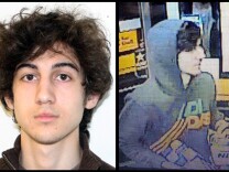 This combination of photos provided on Friday, April 19, 2013 by the Federal Bureau of Investigation, left, and the Boston Regional Intelligence Center, right, shows a suspect that officials have identified as Dzhokhar Tsarnaev, being sought by police in connection with Monday's Boston Marathon bombings.
