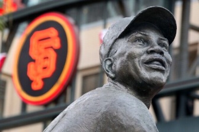 A statue of baseball legend Willie Mays in Willie Mays Plaza before Game Two of the 2010 MLB World Series in San Francisco, California.