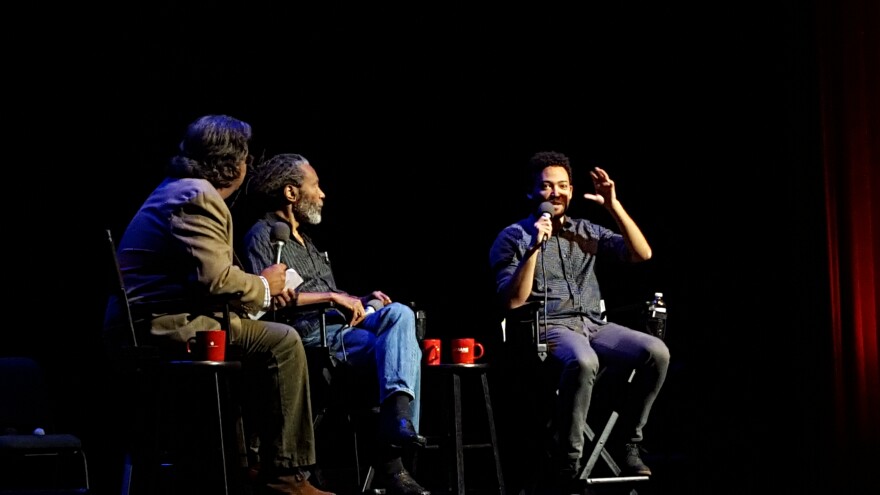 KPCC's Oscar Garza (left) interviews Bobby McFerrin (center) and Taylor McFerrin at the Valley Performing Arts Center.