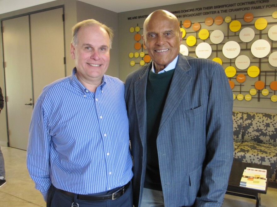 Larry Mantle (L) with Harry Belafonte at LAist Studios after Mantle's interview with Belafonte November 28, 2011.