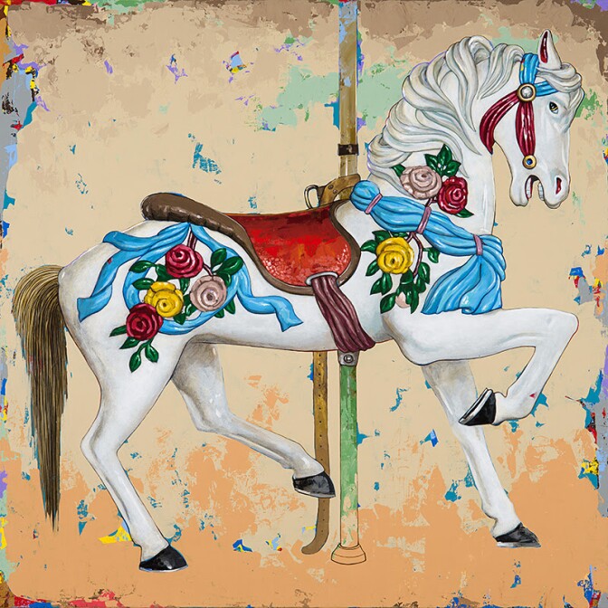 Horses #7, acrylic on canvas, 36 x 36 inches 
•  Balboa Park, San Diego (Herschell-Spillman)