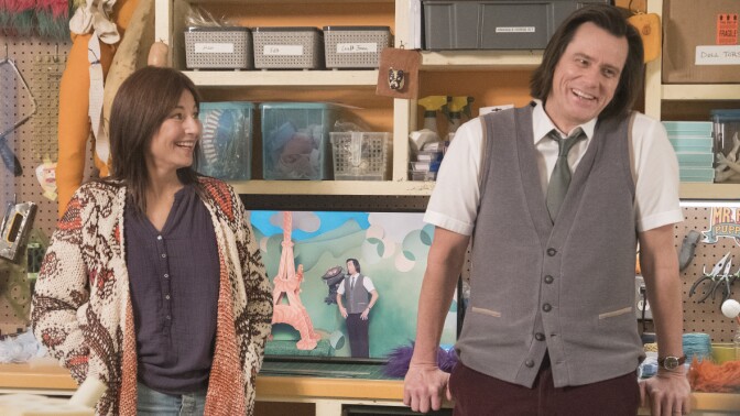 Deirdre (Catherine Keener) and Jeff (Jim Carrey) share a moment — and a deeper connection — in Showtime series, "Kidding."
