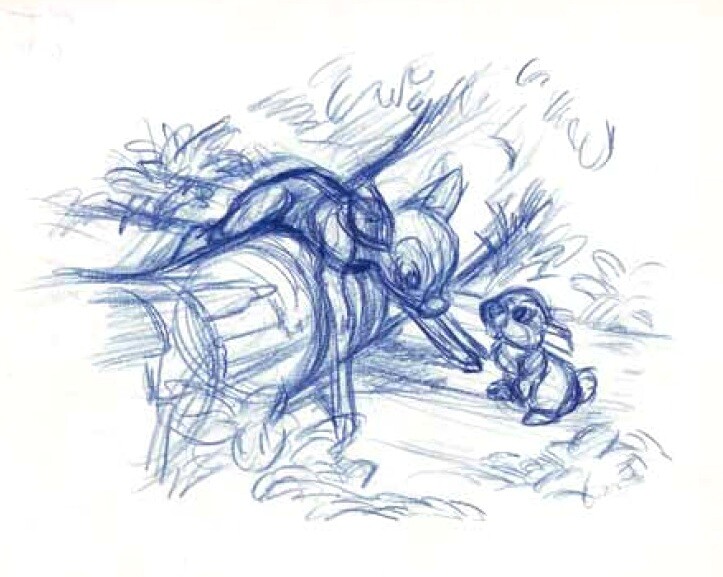 Supervising animators Frank Thomas and Milt Kahl drew this sketch for the "Bambi" Golden Book...
