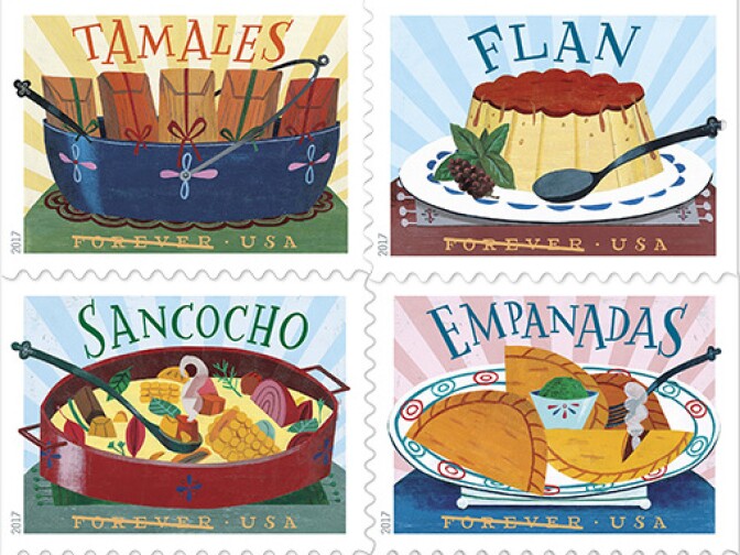 Tamales, Flan, Sancocho and Empanada stamps