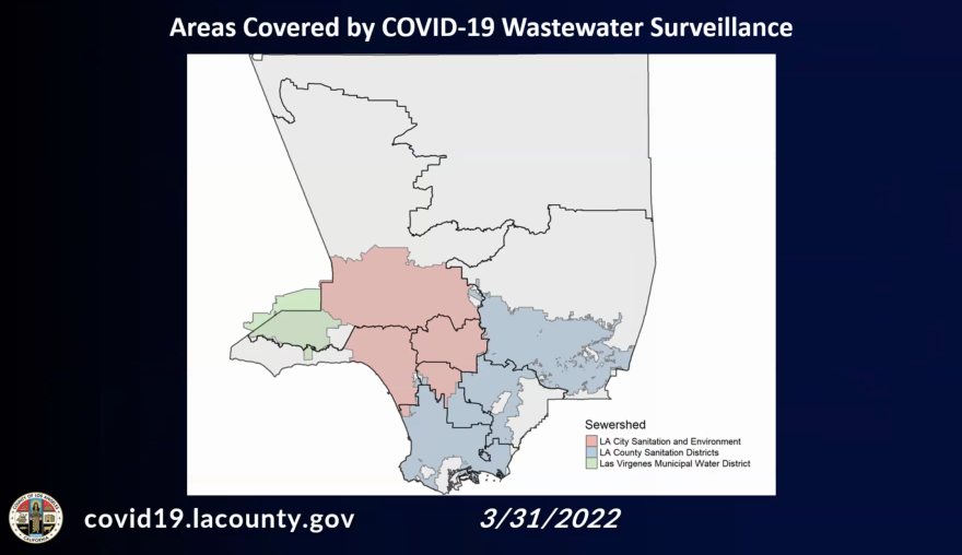 A map of Los Angeles County showing the areas where wastewater surveillance takes place. The Antelope Valley is the largest populated area without surveillance.