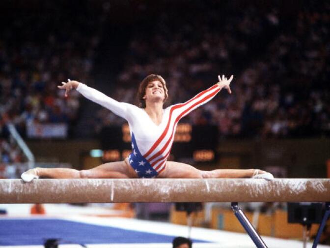 USA's Mary Lou Retton who won the gold medal in the Individual Combined Exercise and silver in the Horse Vault.