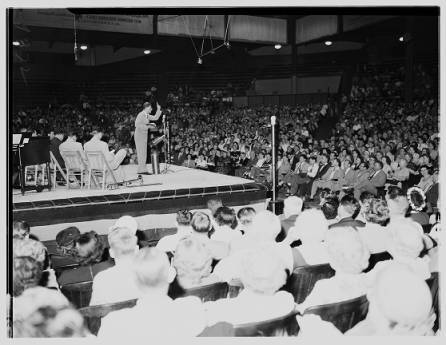 Evangelical minister Billy Graham addresses a rally at the American Legion Stadium in Hollywood in 1951.