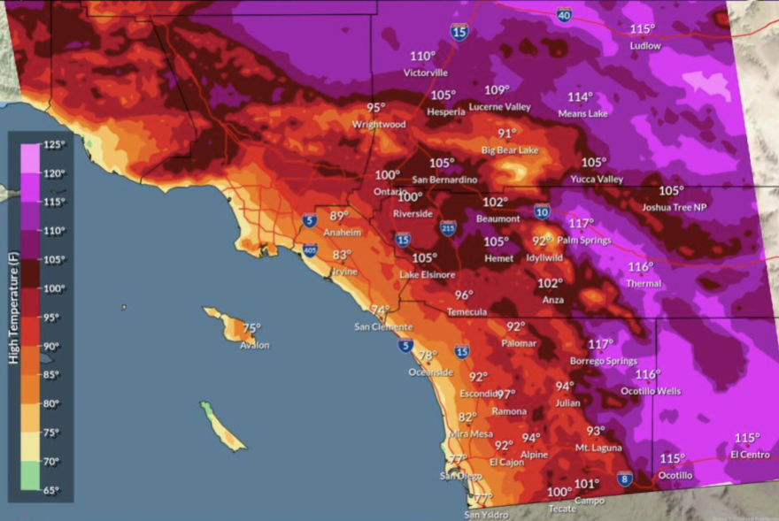 Geothermal map of Southern California is dominated in deep reds and purples indicating extreme heat