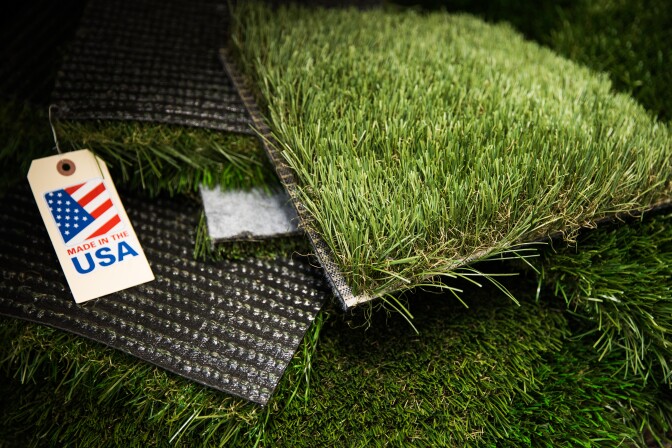 Artificial turf samples sit in the office of Mountain House operations and maintenance superintendent Doug Louie.