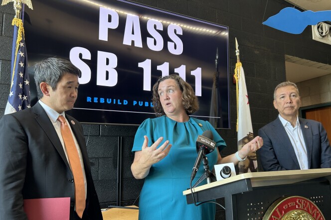 Three individuals stand at a microphone, in front of a large sign that reads Pass SB 1111: The men are dressed in dark suit jackets and work shirts, the woman is dressed in a teal dress. The microphone is perched on a platform that carries a state state seal on it. 