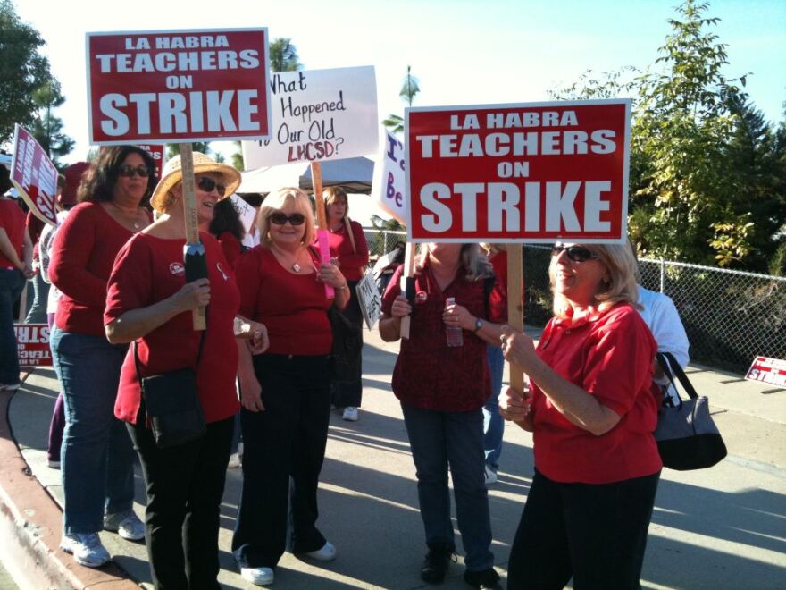 Teachers at La Habra City Schools went on strike after more than a year of failed negotiations with the school district. Administrators imposed a contract with permanent salary cuts. The teachers' union said its' members are willing to accept temporary cuts.