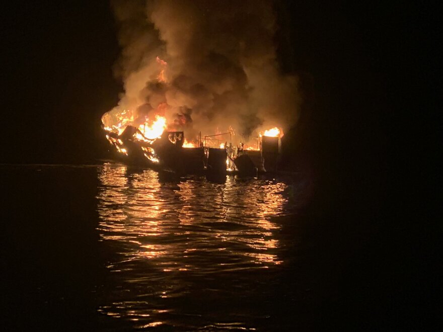 SANTA CRUZ ISLAND, CA - SEPTEMBER 2:  In this handout provided by Santa Barbara County Fire Department, the 75-foot Conception, based in Santa Barbara Harbor, burns after catching fire early September 2, 2019 anchored off Santa Cruz Island, California. Thirty-four are missing, while five crew members were rescued, according to published reports.  (Photo by Santa Barbara County Fire Department via Getty Images)