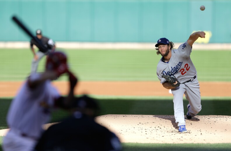 Clayton Kershaw #22 of the Los Angeles Dodgers pitches in the first inning against the St. Louis Cardinals in Game Four of the National League Divison Series at Busch Stadium on Oct. 7, 2014 in St Louis, Missouri.
