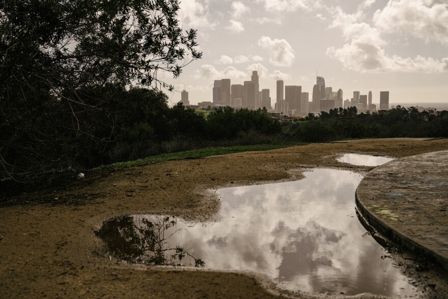 A large puddle along a sidewalk, with the LA skyline the background