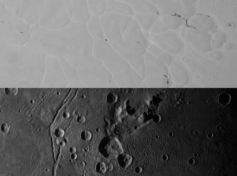 NASA: New Horizons views of the informally named Sputnik Planum on Pluto (top) and the informally named Vulcan Planum on Charon (bottom). Both scale bars measure 20 miles (32 kilometers) long; illumination is from the left in both instances. The Sputnik Planum view is centered at 11°N, 180°E, and covers the bright, icy, geologically cellular plains. Here, the cells are defined by a network of interconnected troughs that crisscross these nitrogen-ice plains. At right, in the upper image, the cellular plains yield to pitted plains of southern Sputnik Planum. This observation was obtained by the Ralph/Multispectral Visible Imaging Camera (MVIC) at a resolution of 1,050 feet (320 meters) per pixel. The Vulcan Planum view in the bottom panel is centered at 4°S, 4°E, and includes the "moated mountain" Clarke Mons just above the center of the image. As well as featuring impact craters and sinuous troughs, the water ice-rich plains display a range of surface textures, from smooth and grooved at left, to pitted and hummocky at right. This observation was obtained by the Long Range Reconnaissance Imager (LORRI) at a resolution of 525 feet (160 meters) per pixel.