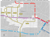 A feasibility study from LA Metro shows the five options for routes of the Crenshaw Line Northern Extension, not slated for completion until the 2040s.