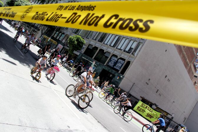 Riders in the 4th CicLAvia event on 7th and Main Streets in downtown Los Angeles, April 15, 2012. 