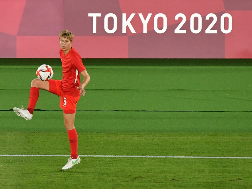 Canada's midfielder Quinn warms up prior the Tokyo 2020 Olympic Games women's final football match between Sweden and Canada on August 6, 2021.