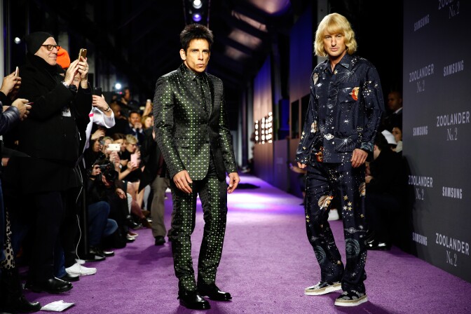 Actors Ben Stiller (L) and Owen Wilson walk the runway during the "Zoolander No. 2" World Premiere at Alice Tully Hall on February 9, 2016 in New York City.