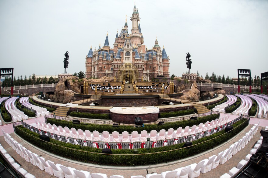 Seats are set up for the opening ceremony in front of the Enchanted Storybook Castle at Shanghai Disney Resort in Shanghai on June 15, 2016.