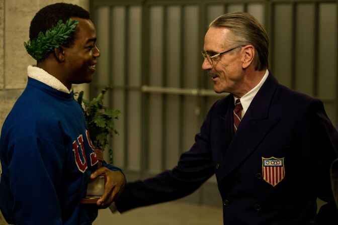 Movie still of the feature film Race, starring Stephan James (left) and Jeremy Irons (right) 