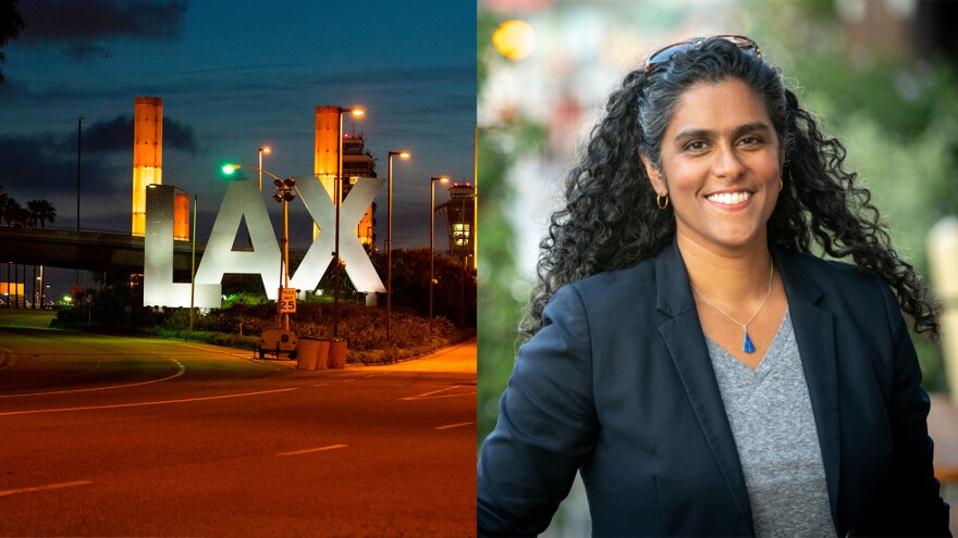A side by side image. On the left is the main entrance to the Los Angeles International Airport. The L.A.X. sign and palm trees are set against a sunset sky. On the right is Meghna Chakrabarti from the waist up as she stands outside and smiles at the camera, wearing a V-neck shirt and a blazer.
